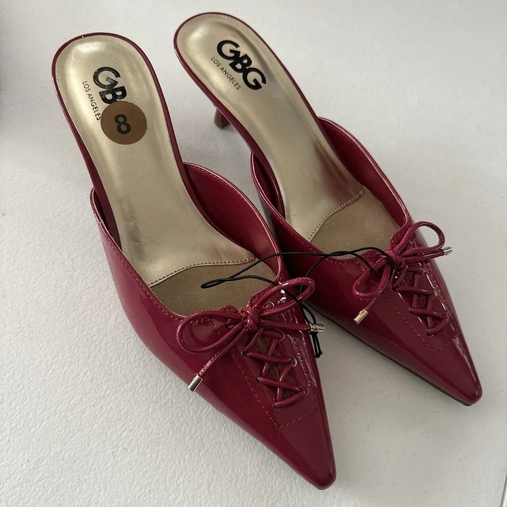 GBG Los Angeles Slip-on Pointed-toe Kitten Heel Mules Bow Size 8 Pink Fuchsia